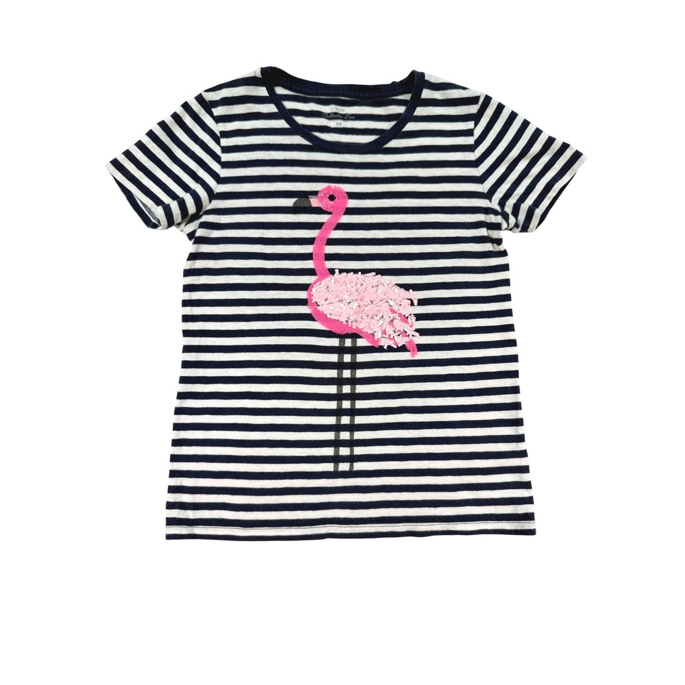 J.Crew Collector‎ Tee XS Striped Sequin Flamingo Shirt Cotton Navy Blue White